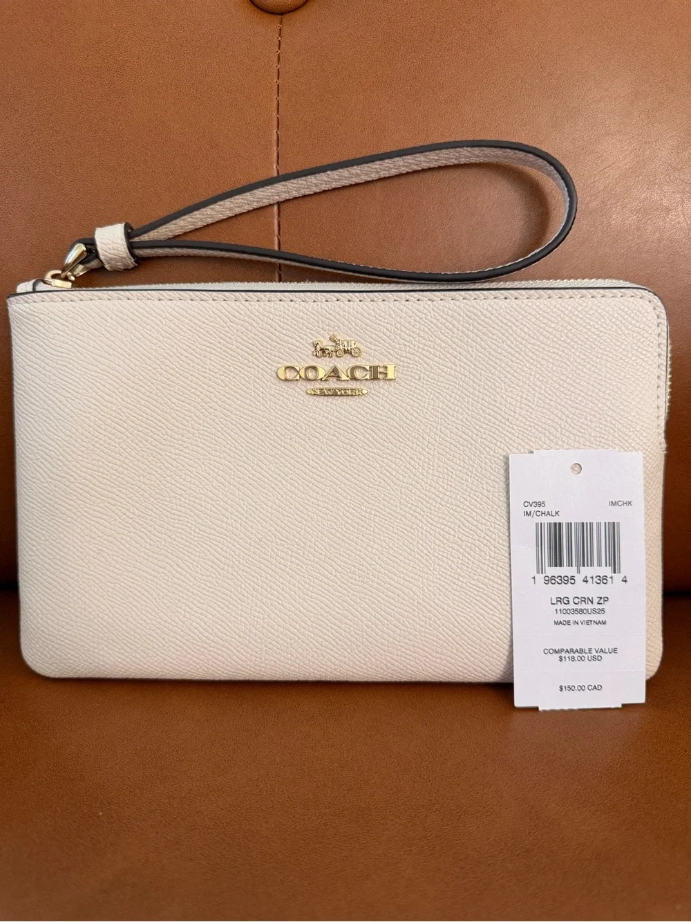 COACH Chalk Leather Wristlet with Gold Hardware